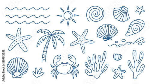 Ocean and beach themed doodle elements summer vacation
