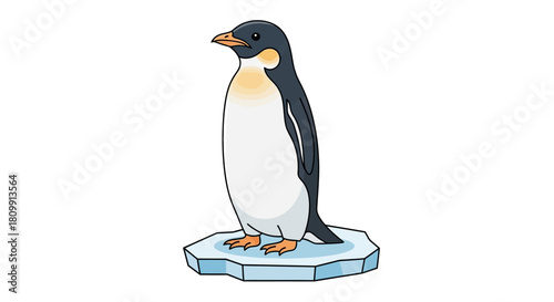 Cartoon penguin standing on a small ice floe.