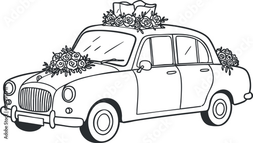 Outline vector illustration of a vintage wedding car decorated with flowers, ideal for marriage celebration designs.
