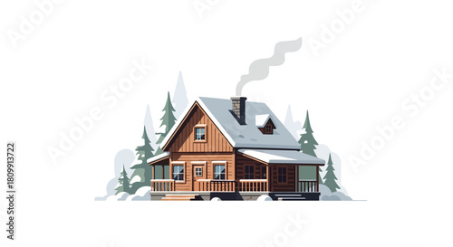 A cozy wooden cabin nestled in a snowy forest with smoke rising from its chimney, depicted in a clean, illustrative style.