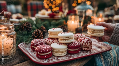 Festive Dessert Display With Red and White Macarons in a Cozy Outdoor Setting