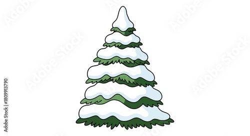 A cartoon illustration of a green fir tree covered in a thick blanket of white snow, isolated on a plain background.