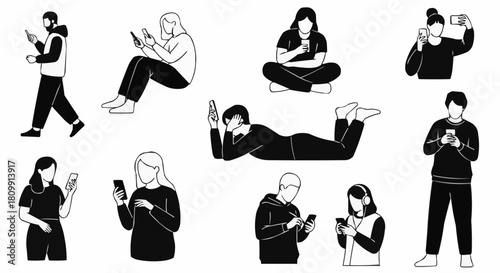 People using smartphones in various poses and positions, black and white.