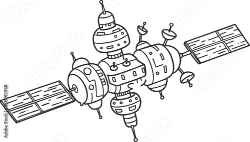 Detailed outline vector illustration of a futuristic space station with solar panels for technology and exploration themes