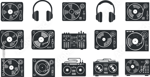 Set of minimalist black and white vector illustrations featuring turntables, headphones, and boomboxes for music and audio design projects