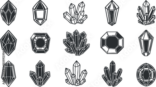 Stylized vector illustration set of geometric crystal shapes for decorative and design projects