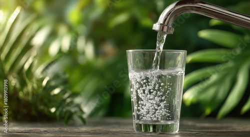 Fresh Water Flows Into a Clear Glass Next to Lush Green Plants in Bright Sunl...