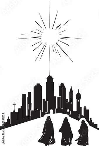 Biblical Magi Following Star of Bethlehem Over Modern City Skyline Silhouette Vector Illustration