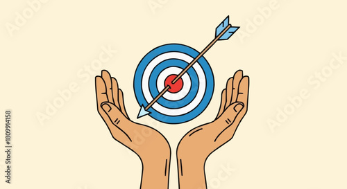 Hands Holding A Target With Arrow In The Center.