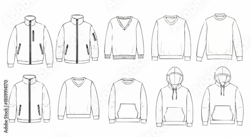 Collection of Apparel Fashion Line Drawings for Clothing Design.