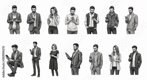 Monochrome People Engaged with Smartphones - A Study in Modern Connection.