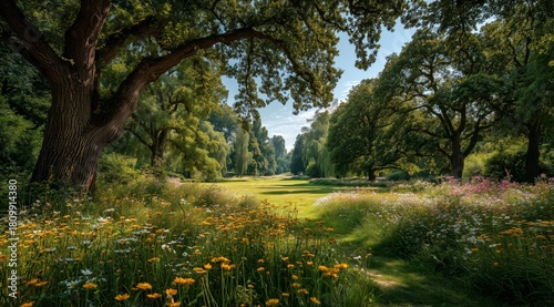 Beautiful Green Park With Wildflowers in Bright Daylight