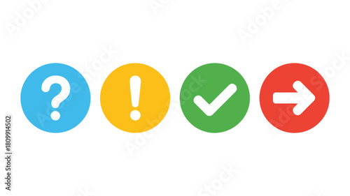 Colorful round icons: question mark, exclamation mark, check mark, and right arrow for inquiry, warning, success, and navigation concepts. isolated.