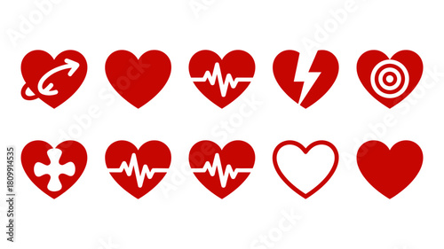 Red heart icons set displaying various symbols including arrow, cross, heartbeat line, broken heart, and target, representing love, health, and emotion.