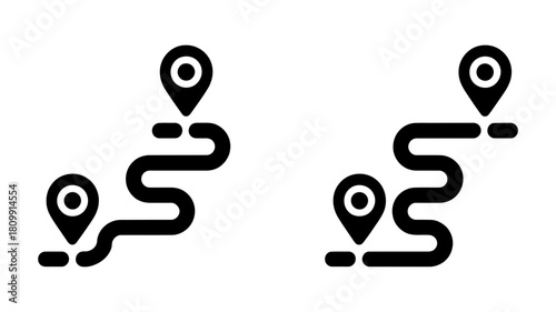 Two black vector icons illustrating winding journey paths connecting multiple location pins, symbolizing travel, delivery, navigation, and route planning.