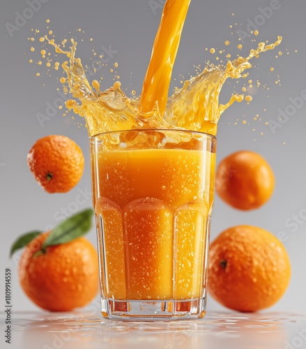 Freshly Squeezed Orange Juice Splashing in a Glass With Vibrant Oranges Besid...