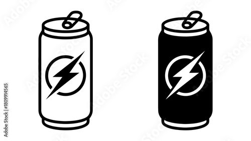 Energy drink can icon set with a lightning bolt symbol in outline and solid fill variations representing power, speed, and refreshment.