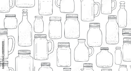 Hand-drawn outline vector illustration of various jars and bottles for kitchen and beverage design projects