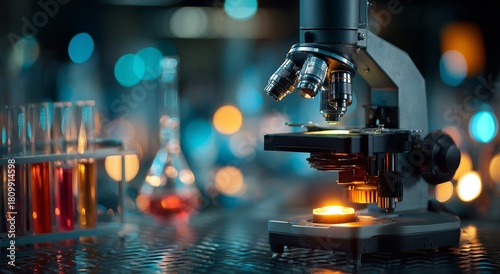 Advanced Microscope on Lab Table With Colorful Chemical Solutions During Even...