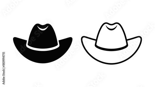 Simple western cowboy hat icon set, featuring solid black and outline versions, representing country culture, rodeo, and classic fashion accessory