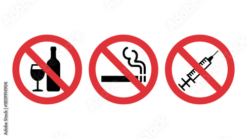 No alcohol, no smoking, and no drugs signs: a clear visual representation of health warnings and safety regulations in public spaces.