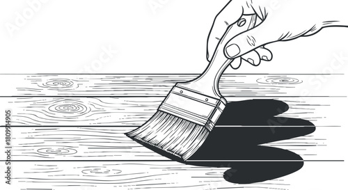 Outline vector illustration of a hand holding a paintbrush applying paint on wooden surface, ideal for DIY and home improvement projects