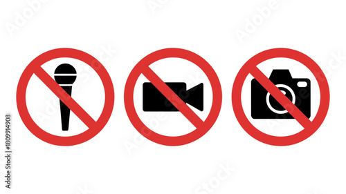 Prohibited signs for microphone, video camera, and photo camera indicating no audio recording, no video recording, and no photography allowed in this area.