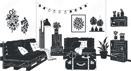 Stylish black and white vector illustration of a cozy living room with modern furniture and decorative plants