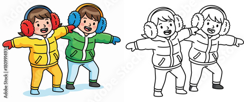 Happy boy and girl wearing winter jackets and earmuffs with open arms Vector illustration isolated on white background