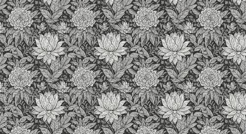 Elegant monochrome seamless pattern with detailed lotus flowers and leaves.