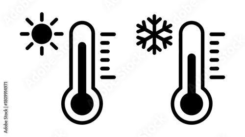 Hot and cold temperature icons with sun and snowflake symbols, illustrating weather conditions, climate, measurement, and conceptual contrast set