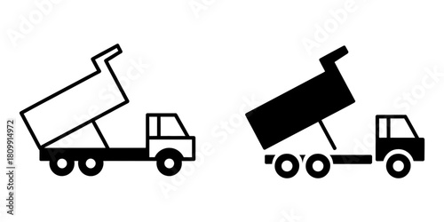 Dump truck vector icons, outline and solid glyph styles, illustrating a heavy construction vehicle with its bed raised for material tip.