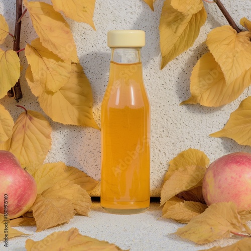Fresh Apples and a Glass Bottle on a Light Stone Surface During Daytime