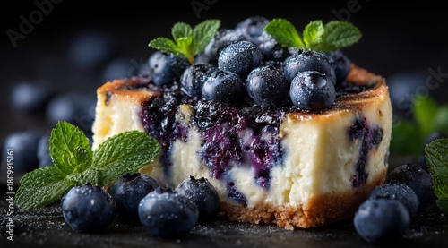 Delicious Blueberry Cheesecake With Fresh Berries and Mint on a Dark Background
