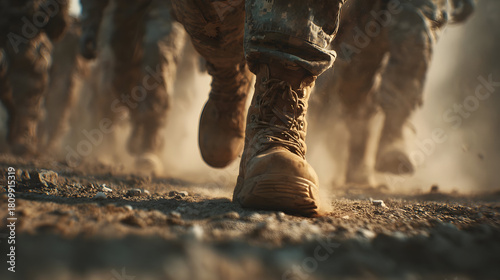 Close-up of soldiers marching in tactical gear for military precision and training