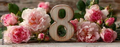 Beautiful Arrangement of Pink Roses With Wooden Number Eight on Rustic Wooden...