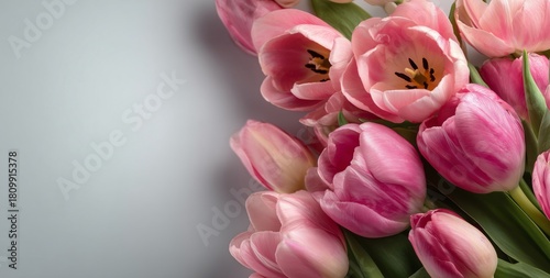 Bright Pink Tulips and Delicate Flowers Arranged Beautifully on a Light Backg...
