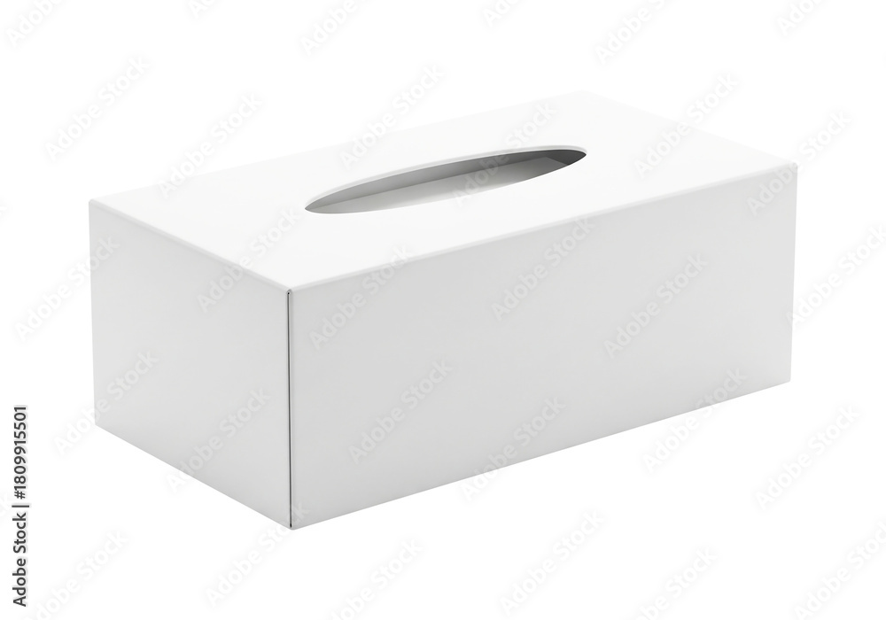 Naklejka premium A clean white rectangular tissue box, a common household item for hygiene and comfort, isolated on a plain white background