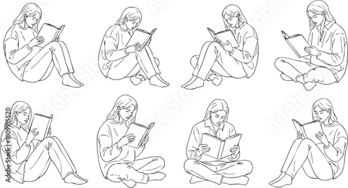 Line art vector illustration set of a woman reading a book in various poses for educational and lifestyle projects