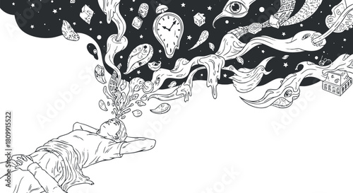 Whimsical vector illustration depicting a person lying down, surrounded by flowing thoughts and dreamlike elements for creative projects.
