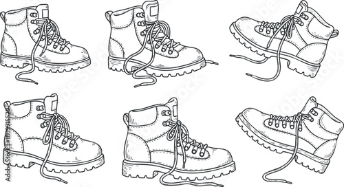 Outline vector illustration set of various boot styles with laces, suitable for fashion and design projects