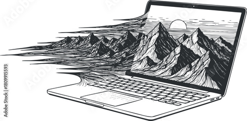 Stylized black and white vector illustration of a laptop with mountains emerging from the screen, symbolizing creativity and exploration.