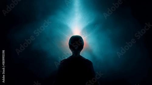 An alien figure slowly emerging from the darkness, concept of sci-fi, mystery, and extraterrestrial presence