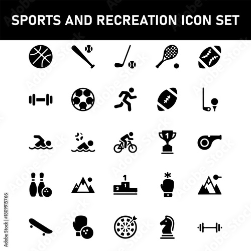 Unique Sports and Recreation Icon Set, Custom Black Athletic Glyphs, Leisure Vectors