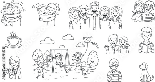 Whimsical line art vector illustration of friendship, family, and playful outdoor activities for community and lifestyle themes