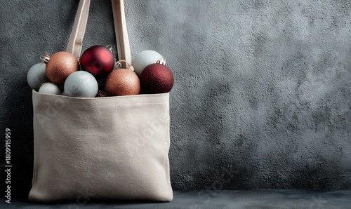 Holiday Gift Bag Filled With Festive Ornaments in Soft Colors Against a Simpl...