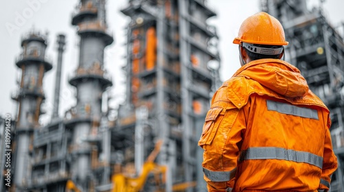 Workers in Bright Safety Gear Observe an Industrial Facility During Daylight ...