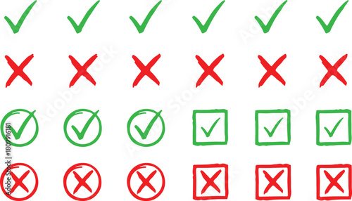 Green Checkmarks and Red Crosses Symbols Set vector illustration