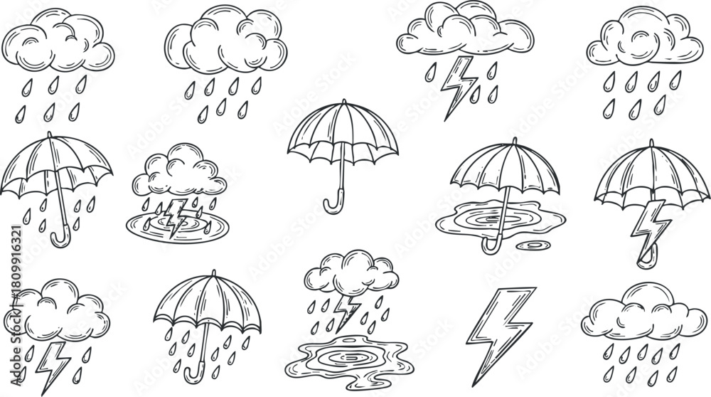 Obraz premium Hand-drawn vector illustration set featuring various weather icons, including rain, thunder, and umbrellas for creative projects