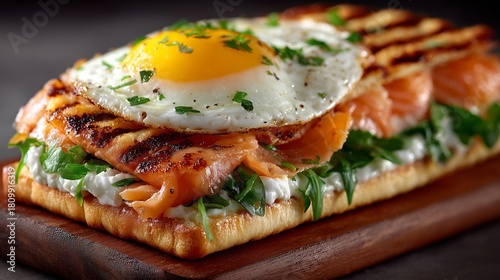 Delicious Grilled Sandwich With Salmon, Cream Cheese, and Fried Egg Served on...